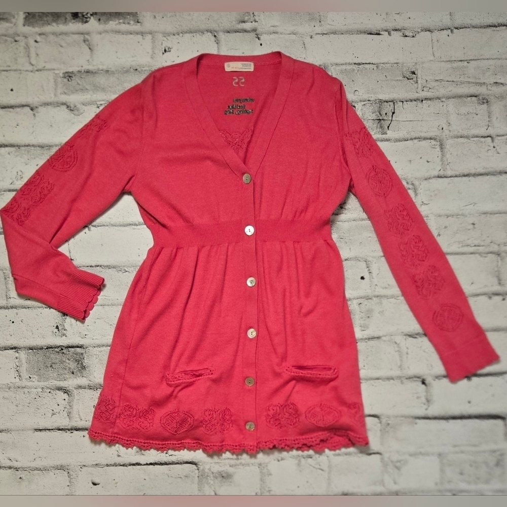 Odd Molly Embroidered Cardigan Tunic Pink Lace Trim Size 4 (Large)